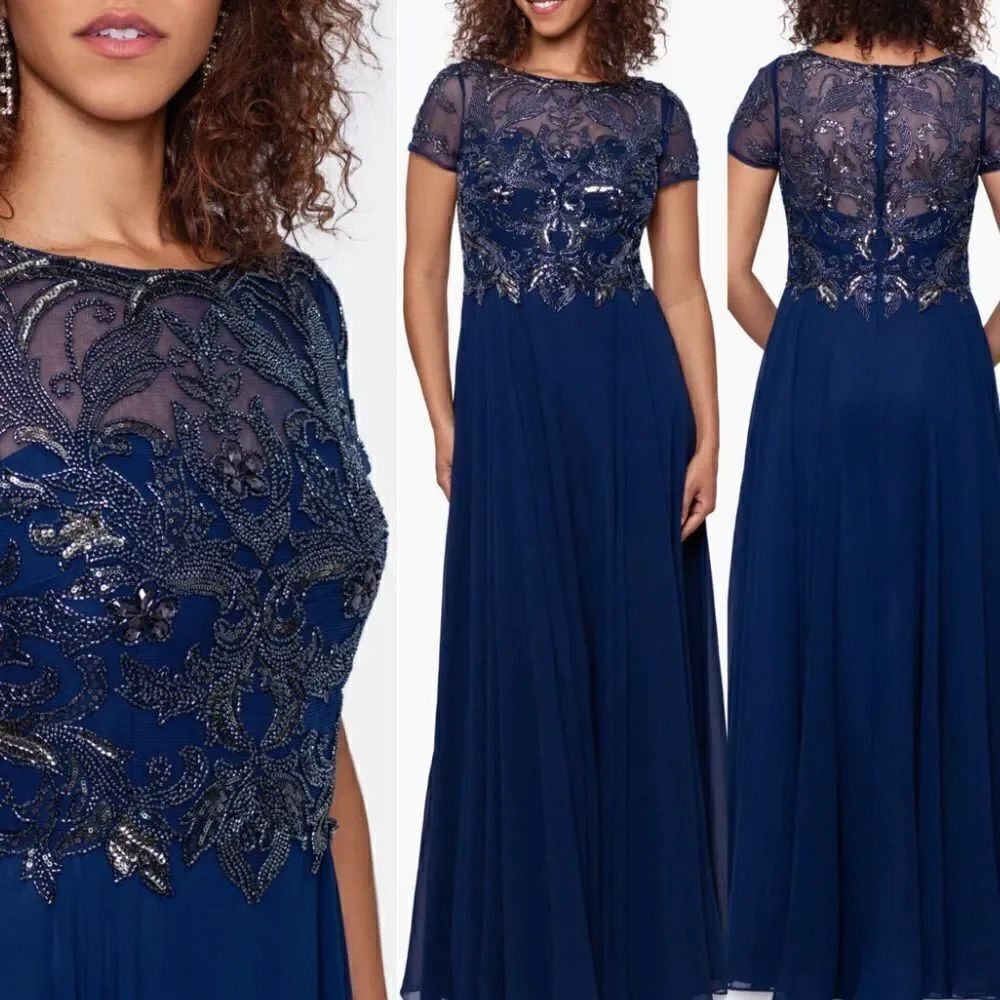XSCAPE 4230XN Beaded Bodice Embellished Short Sleeve Chiffon Gown NWT $289